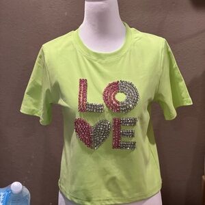 Green Short Sleeve Tee with Love Graphic